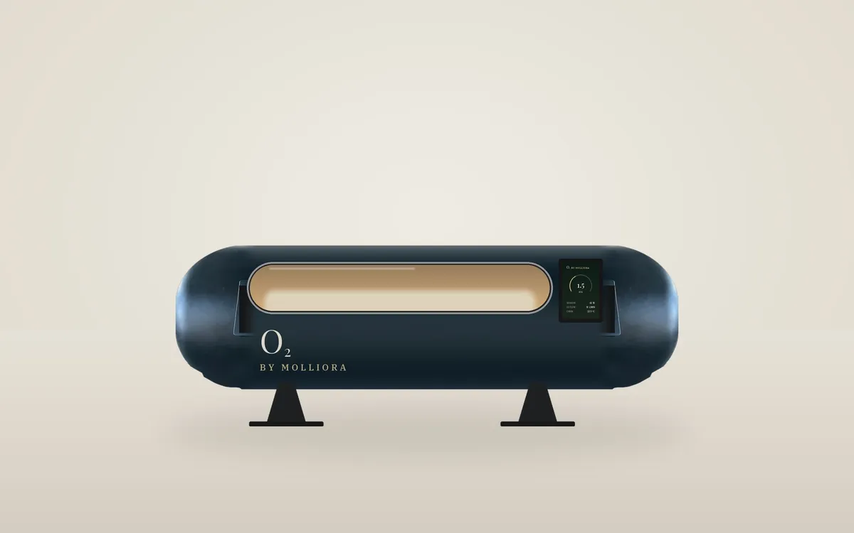 O₂ One lying hyperbaric chamber with long acrylic window, black finish